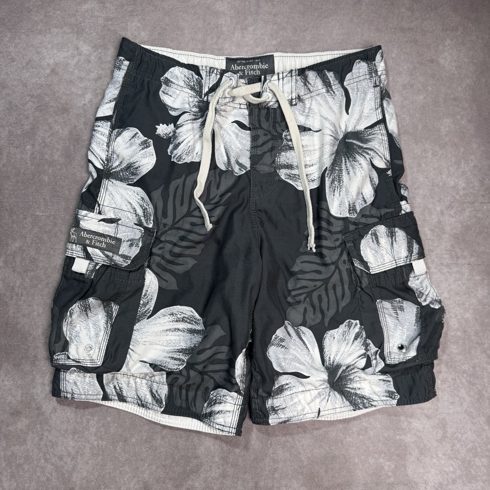 Abercombie & Fitch Mens Gray White Swim Trunks Size S Floral Board Shorts